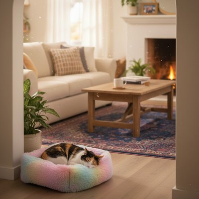 calico blotti sur un des coussins chats Nuage Arc-en-Ciel