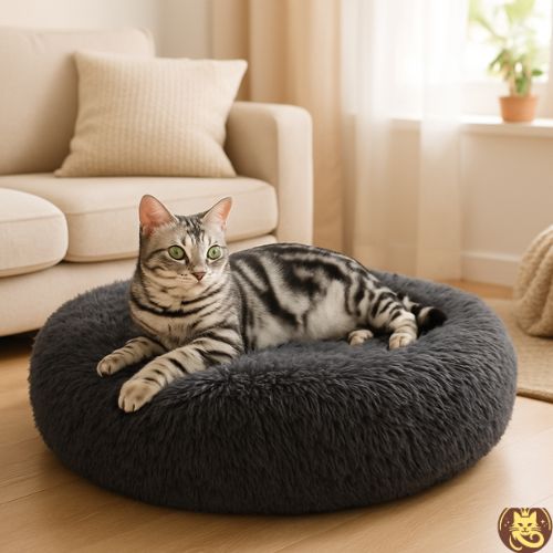 coussin chat cocoonut gris fonc american shorthair relaxant dessus