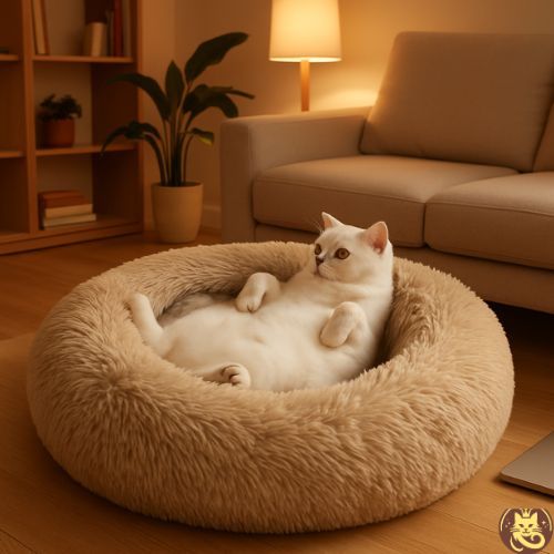 coussin chat cosy dodo beige chat couché dos pattes air