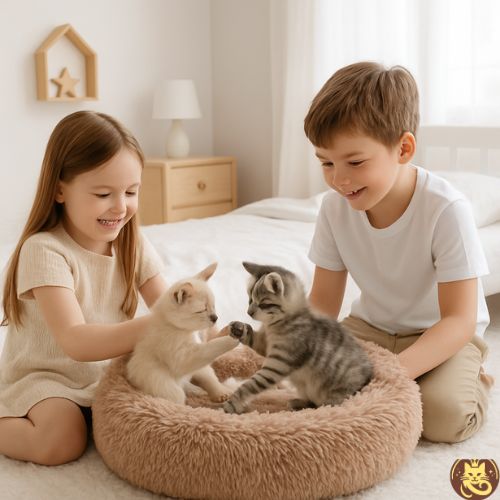 coussin chat cosy dodo beige deux chatons jouant enfants regardant