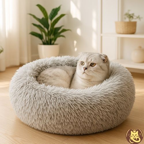coussin chat cosy dodo gris avec chat blanc observant