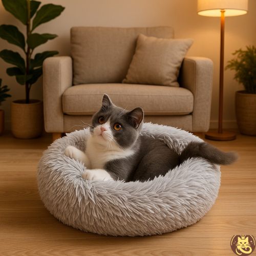 coussin chat cosy dodo gris avec chaton relaxant dedans