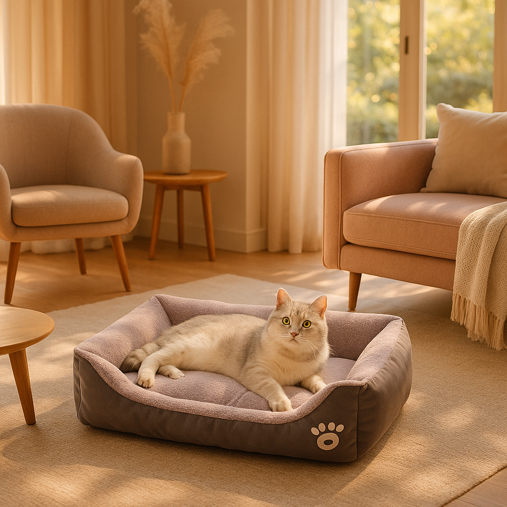 coussin chat le douillet gris avec chat en detente dedans