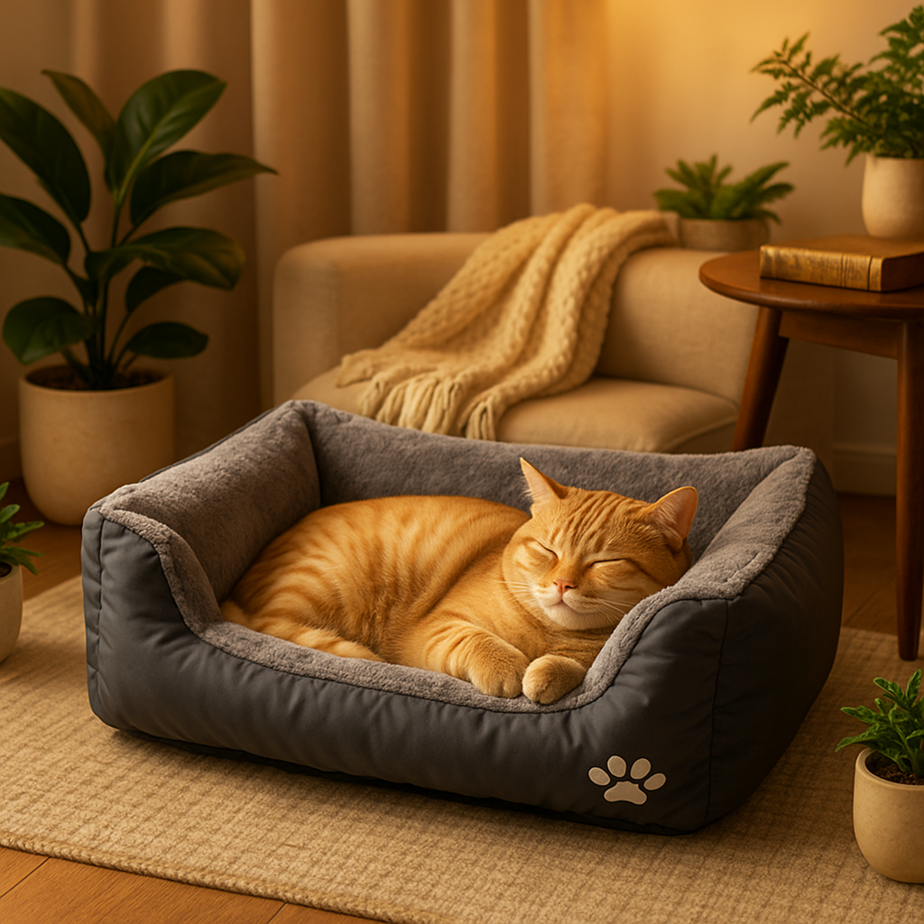 coussin chat le douillet gris avec chat relaxant dedans