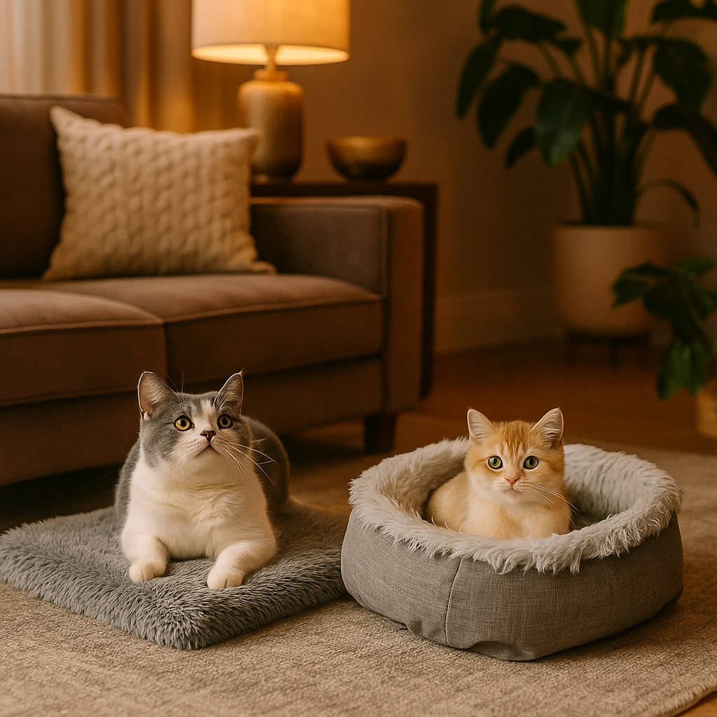 coussin pour chat-avec-deux-chats-utilisant-nidou