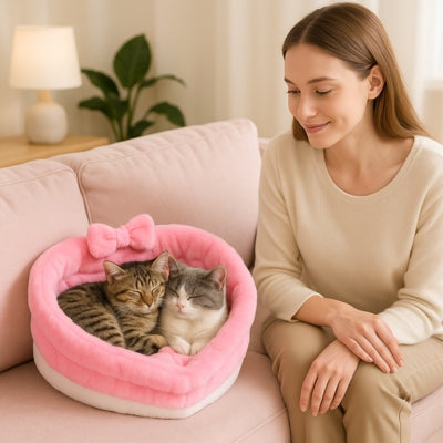 coussin pour chat chatons enlacés dedans femme les regardant affectueusement
