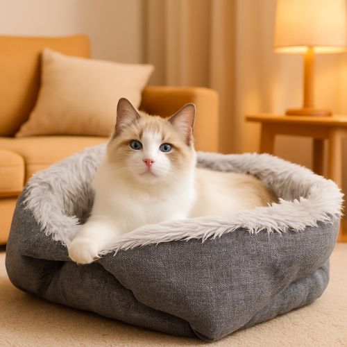 coussin pour chat nidou avec chat blanc observant