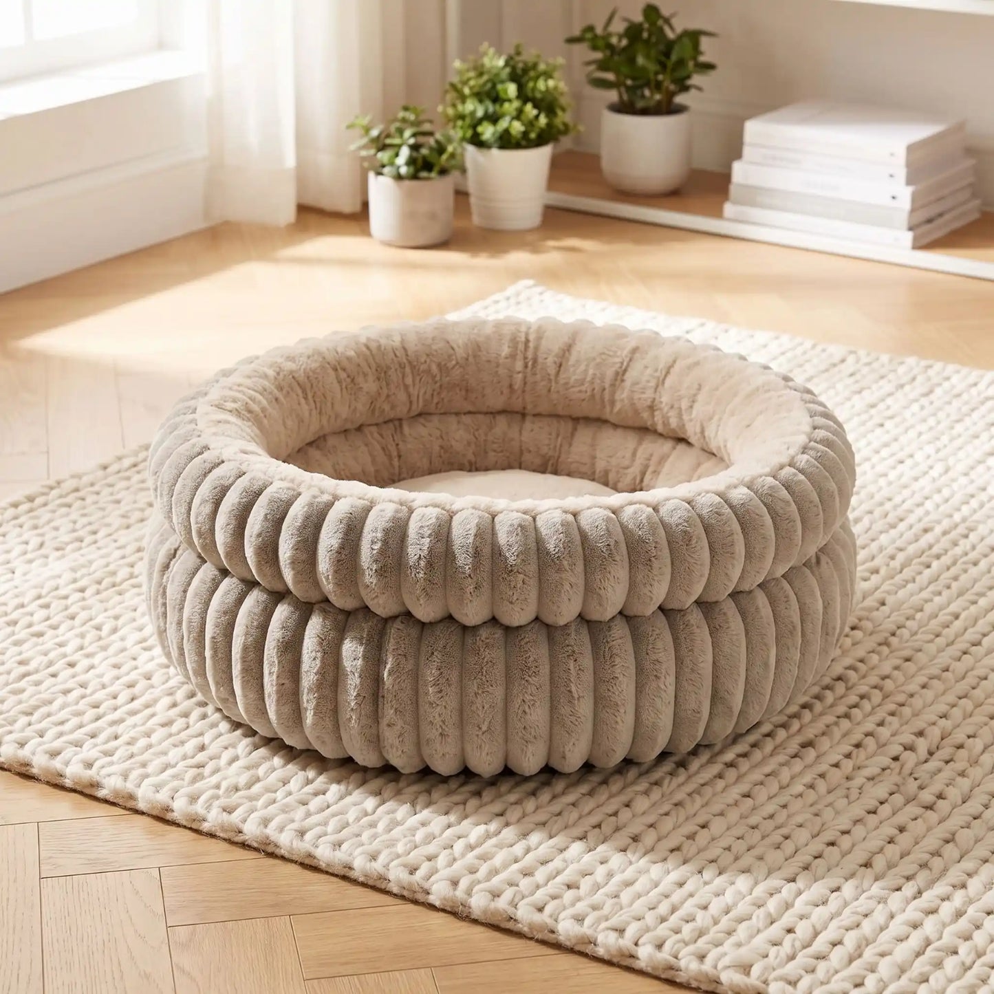 coussin pour chaton beige taupe posé sur tapis crÚme dans un salon clair