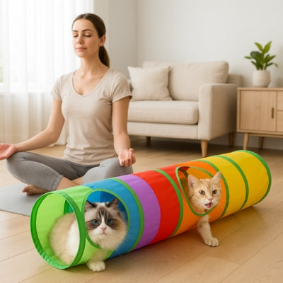 deux chats jouant avec tunnel pour chat femme en méditation