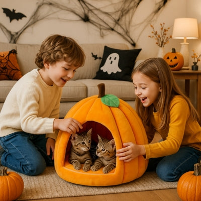 enfants jouant avec chatons dans niche Ă  chat