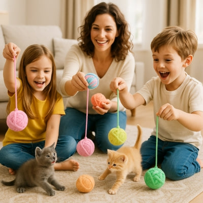 famille agitant jouet chat balles multi-couleurs pour jouer chatons