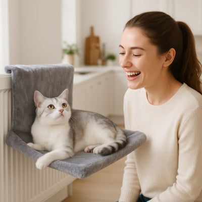 femme heureuse voir son chat relaxant sur hamac radiateur chat