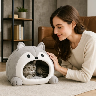 femme regardant son chat affectueusement lové dans panier pour chat