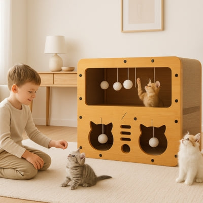 garçon jouant chaton chaton dans griffoir chat autre chaton à cÎté