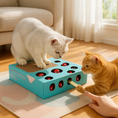 griffoir à chat avec deux chats l'utilisant propriétaire les stimulant