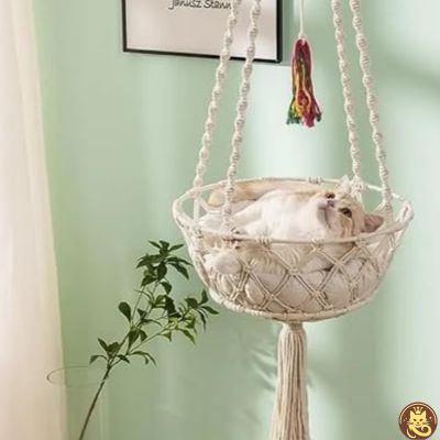 hamac pour chat cocon boho suspendu coin chat detendu dedans