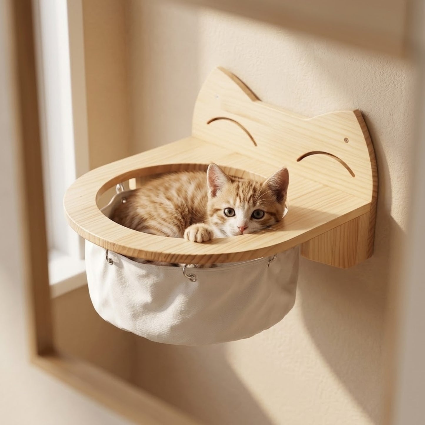 Hamac pour chaton chaton roux lové dans son cocon en toile sécurisé
