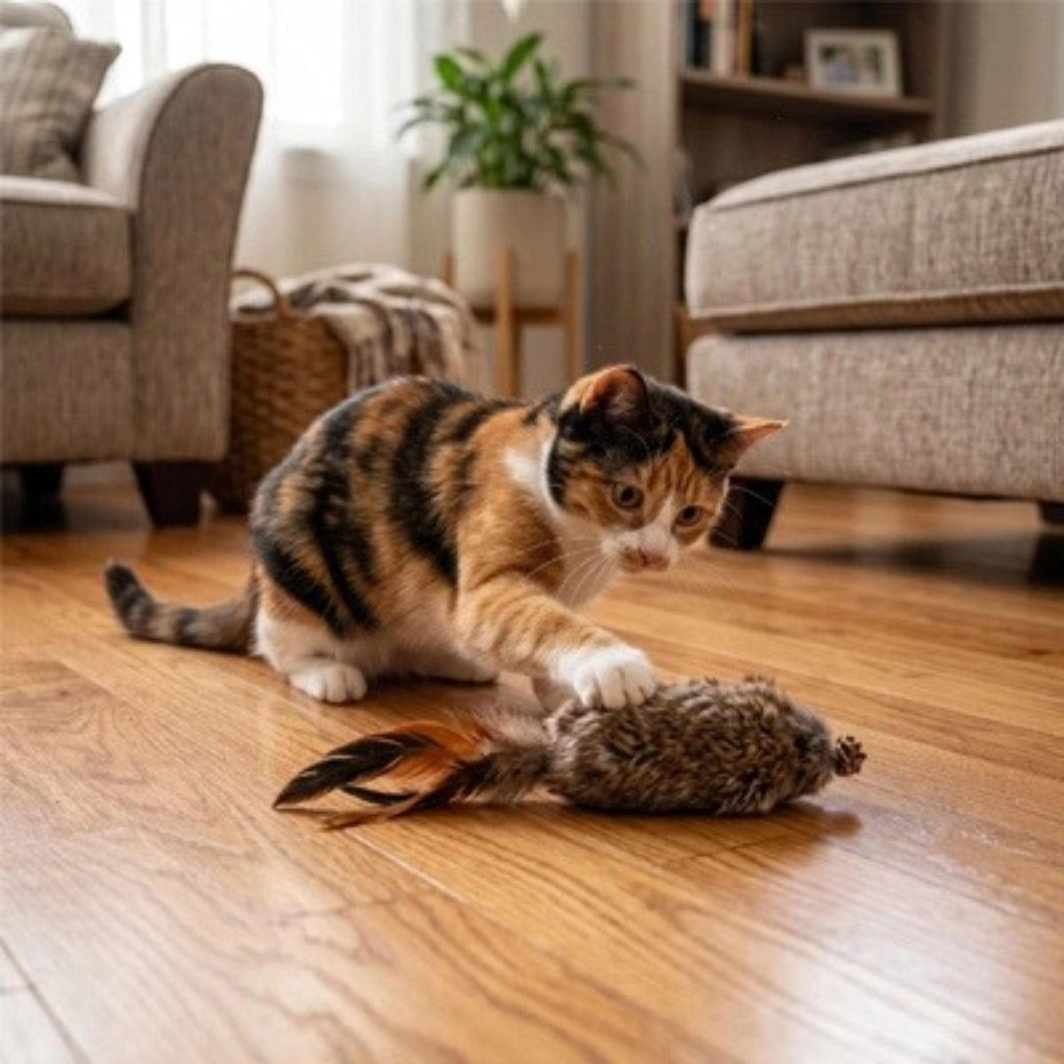 jouets pour chat, chat tricolore attaquant un jouet à plumes