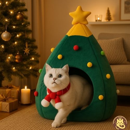 lit chat sapin ronron chat blanc sortant salon sapin Ă gauche