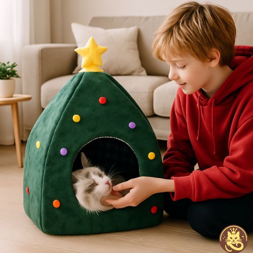 lit chat sapin ronron enfant grattant affectueusement chat dans lit