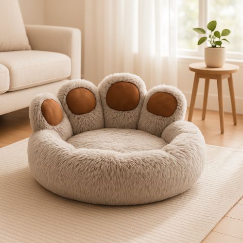 lit pour chat dreamypaw gris dans salon avec plante