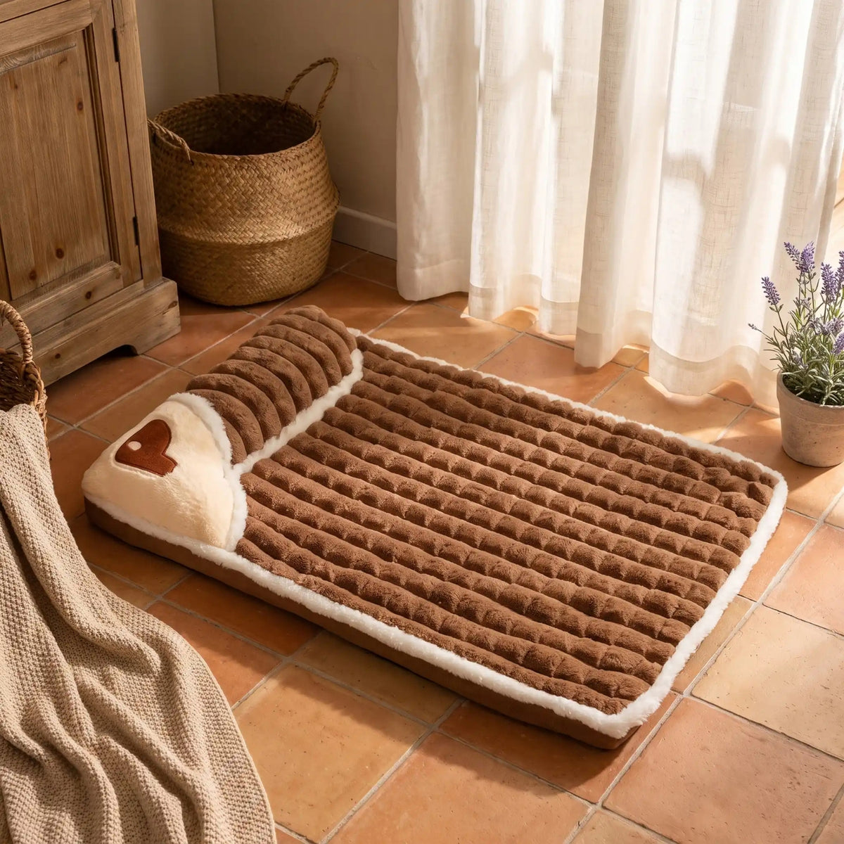 lit pour chaton marron sur sol tomettes terracotta