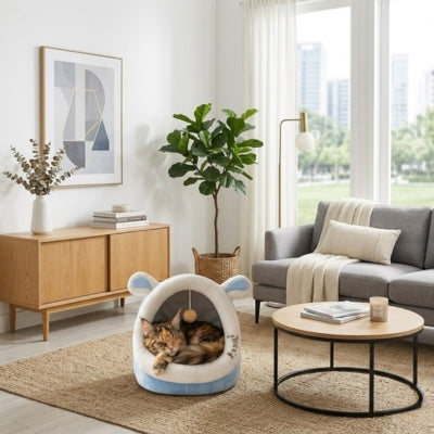 maine coon fait sieste dans niche chats bleu ciel