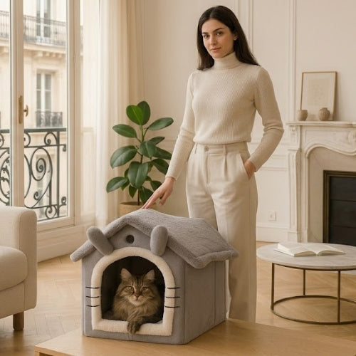 maine coon relaxant dans niche à chat maîtresse debout à côté