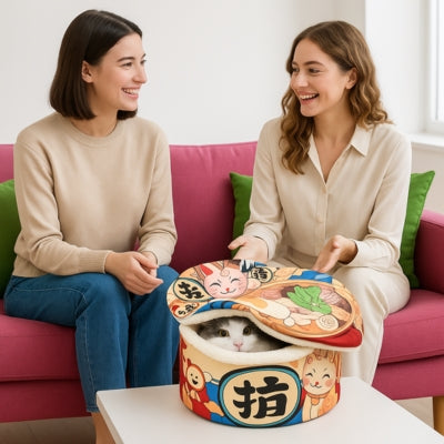 maison pour chat cocon ramen chat caché dedans amies discutant