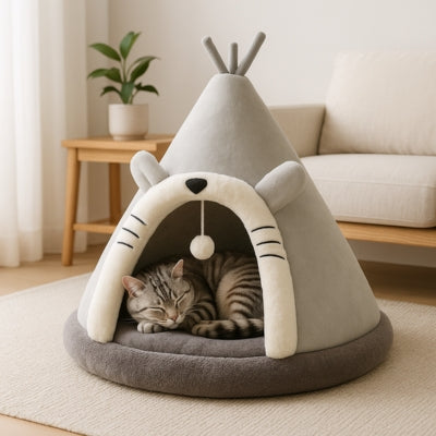 maisons pour chats gris american shorthair endormi dedans