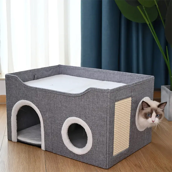 niche pour chat avec chat sortant sa tete trou cozy maze