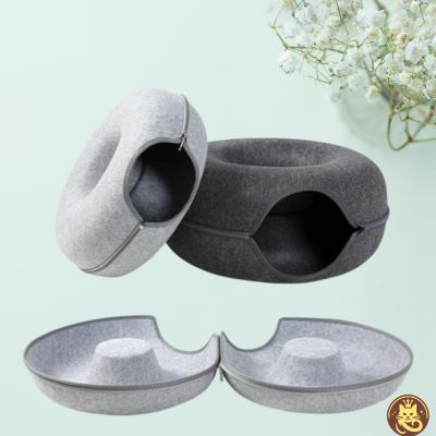 panier chat felty nest gris clair ouvert deux paniers fermés