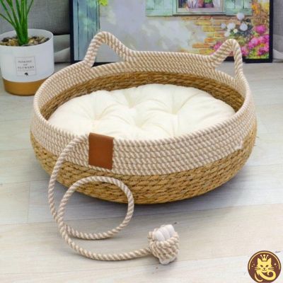 panier chat osier oser l'osier avec coussin blanc