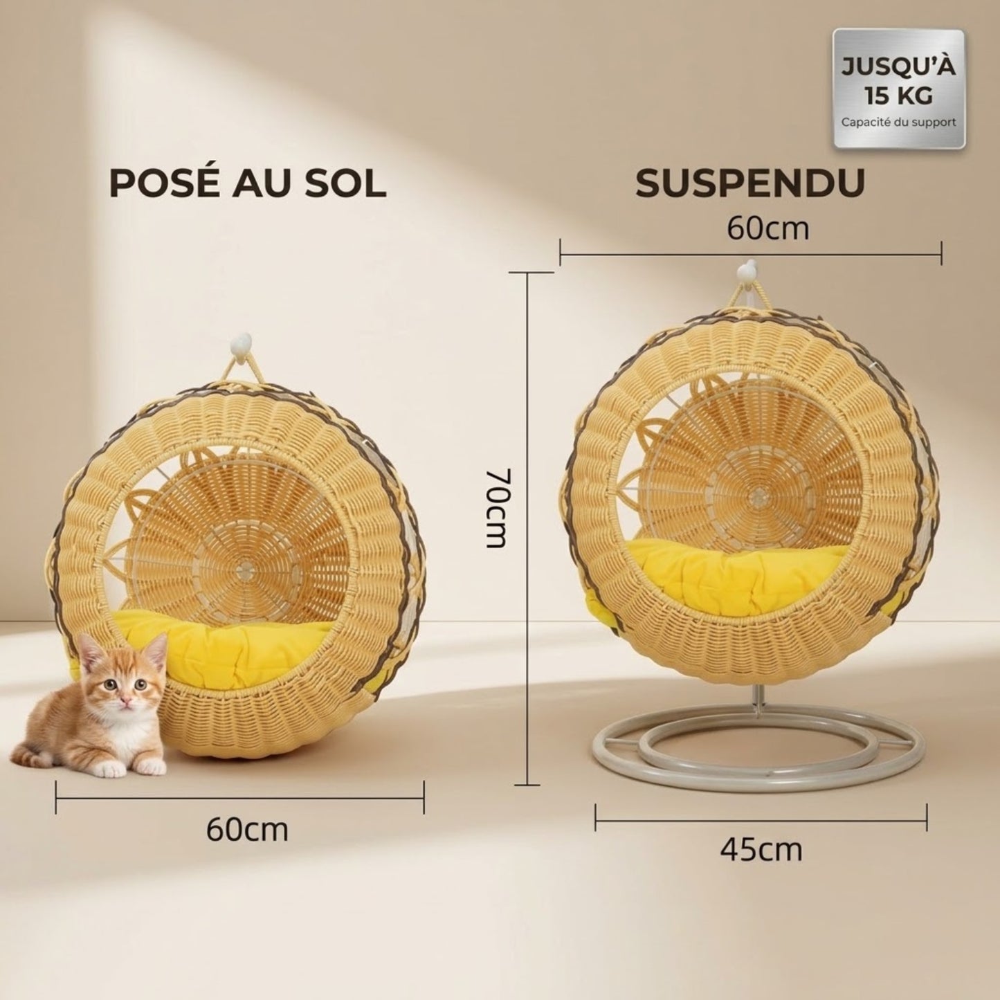 panier chatons dimensions 60 cm sphère 70 cm support suspendu