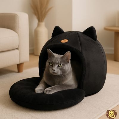 panier pour chat velvy nest noir avec chat gris relaxant dedans