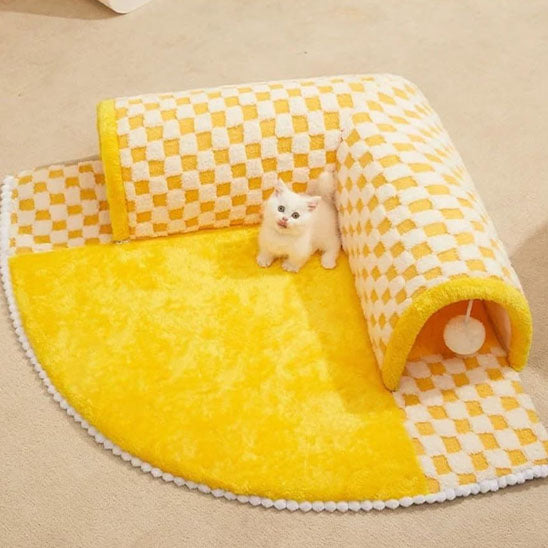 tunnel chat jaune chaton en relaxation sur tapis