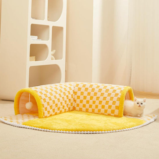 tunnel chat jaune chaton sortant du tunnel