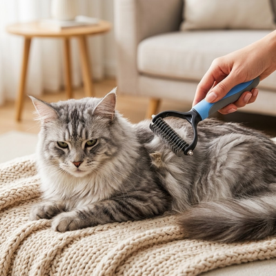 brosse pour chat bleue démêlant bourre chat gris plaid écru
