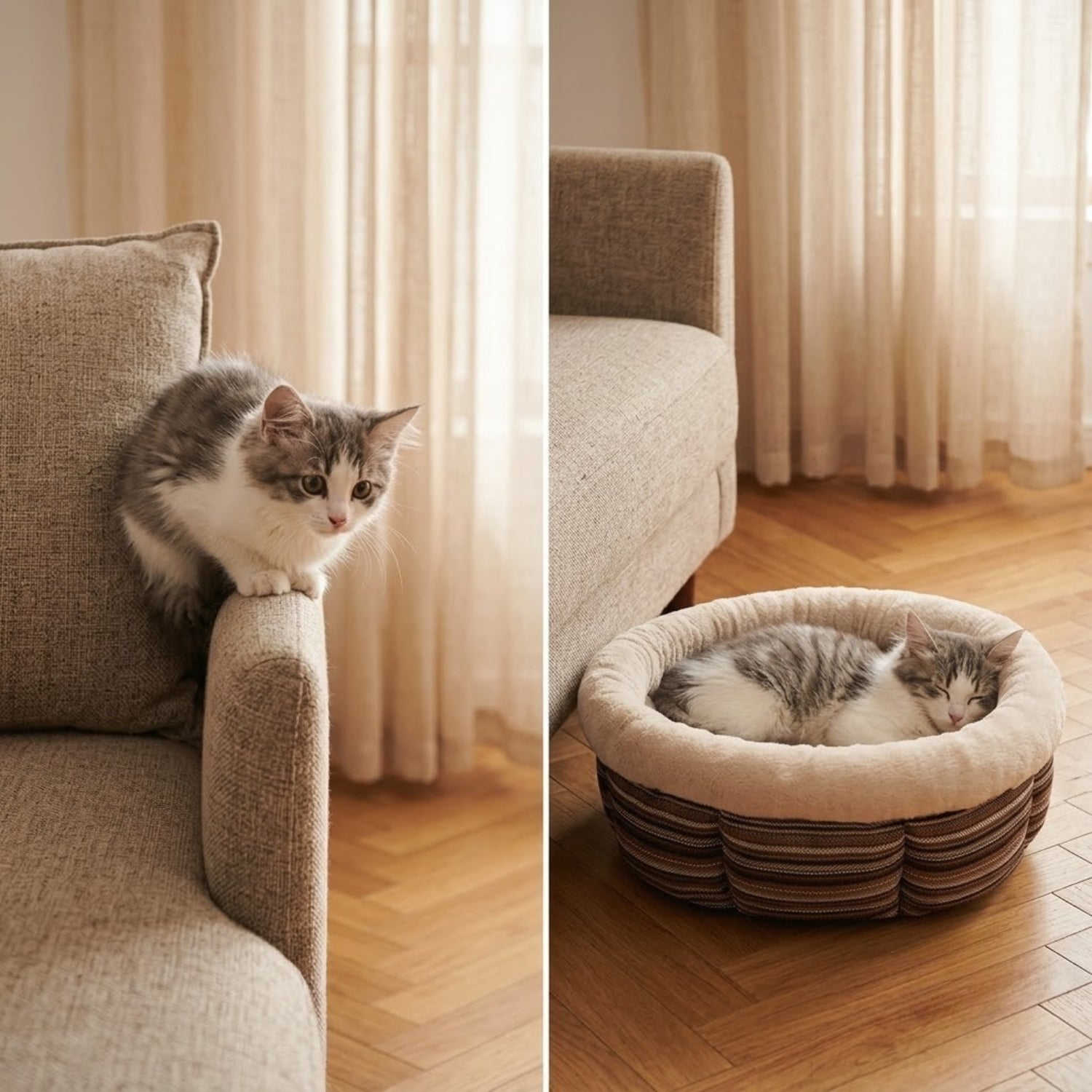 Un chaton d'abord perché sur le canapé, puis endormi dans son coussin pour chaton