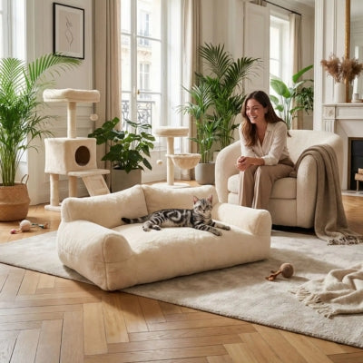 american shorthair relaxant dans lit pour chaton  maîtresse ravie le regarde