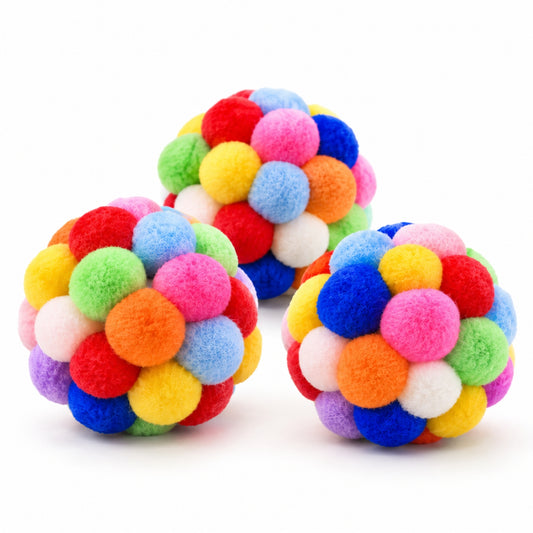 balle pour chat lot 3 balles pompons multicolores