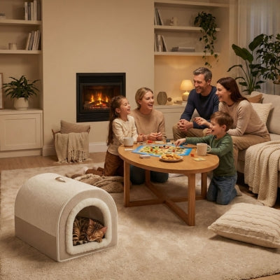 bangal detendu dans niche pour chat intérieur famille joue