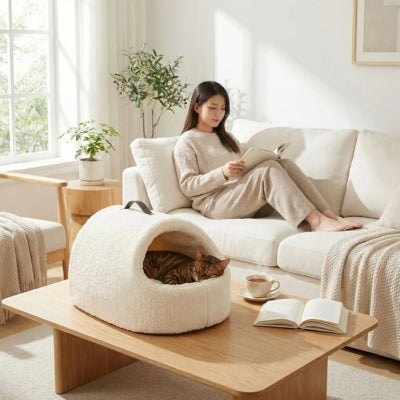 banagal dort cocon pour chat maîtresse lisant livre