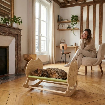 bangal endormi sur hamac à chat maîtresse le regardant avec satisfaction