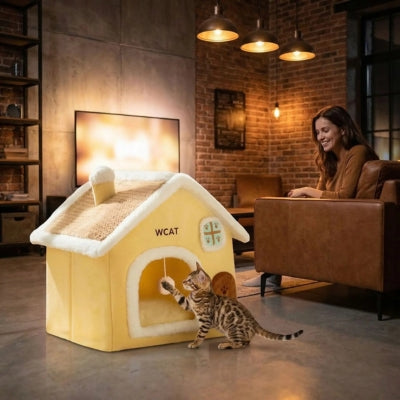 banagal jouant balle suspendue maison pour chaton maîtresse le regardant