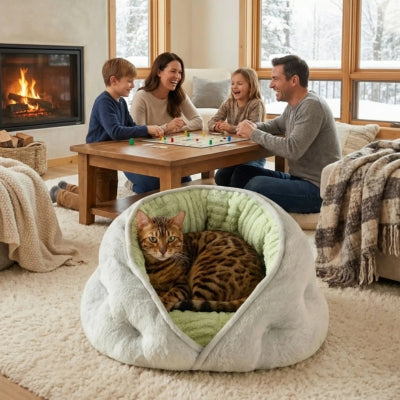 bangal lové dans sa niche chat famille jouant à côté