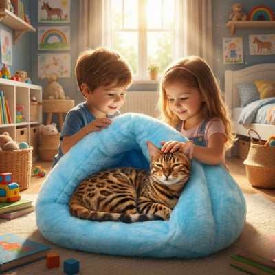bangal lové dans un ses maisons pour chat enfants le caressant