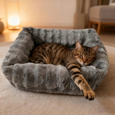 bangal relaxant dans son coussin chaton gris foncé