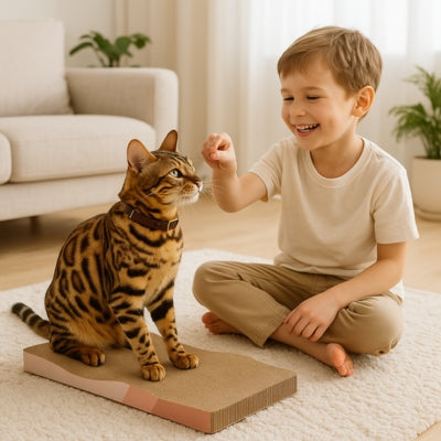 bangal sur griffoir chat carton garçon lui donnant gaterie 