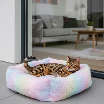 Bengal installé sur un des coussins chats Nuage Arc-en-Ciel